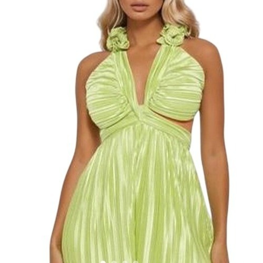 Fashion Nova Lime Green Pleated Lace Up Back Cut Out Romper Medium NWT